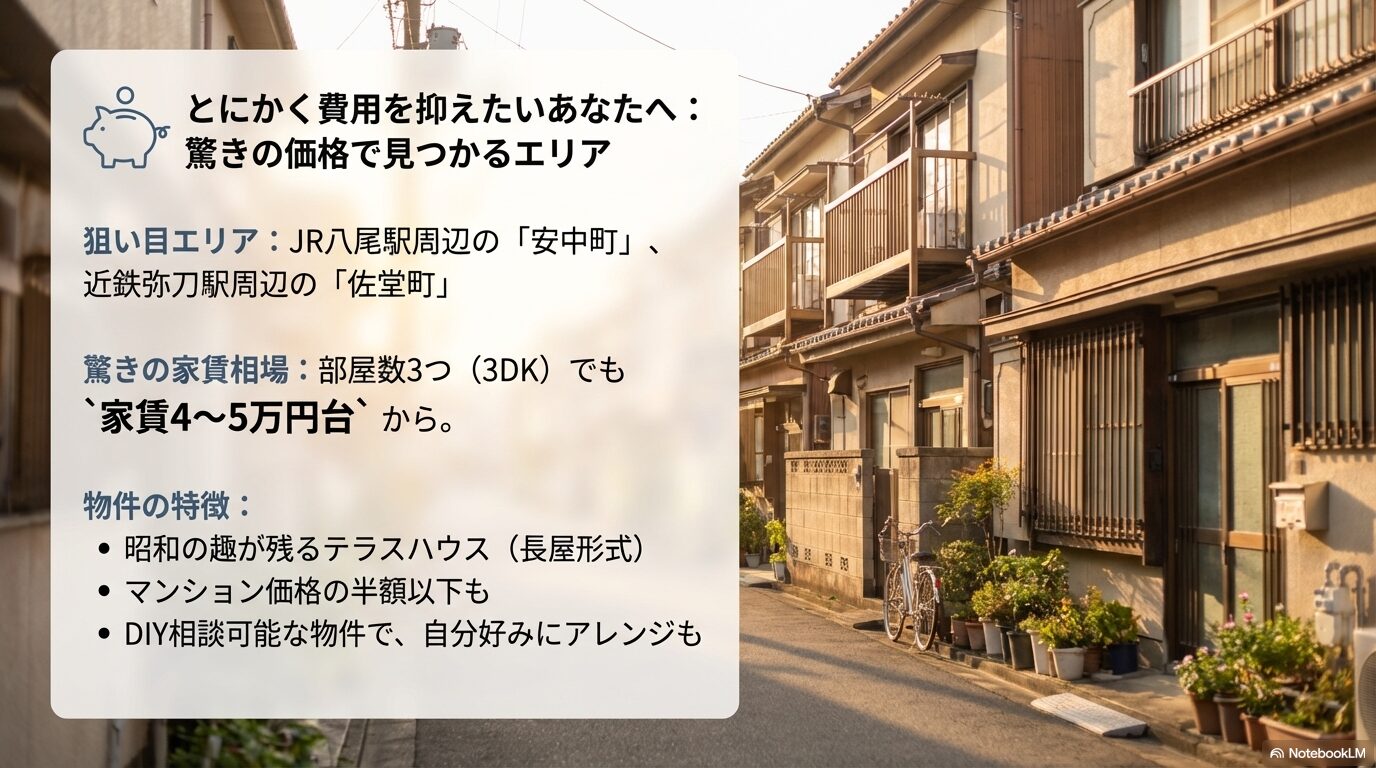 JR八尾駅周辺の安中町や近鉄弥刀駅周辺の佐堂町における、4〜5万円台の格安賃貸一軒家の紹介